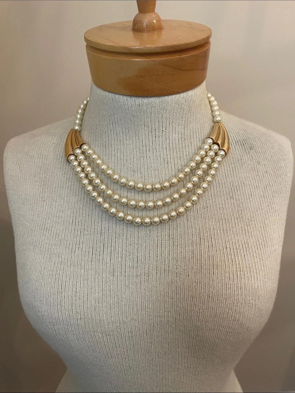 Vintage Napier Three Strand Waterfall Faux Pearl Necklace - Ivory/Cream 18” appr